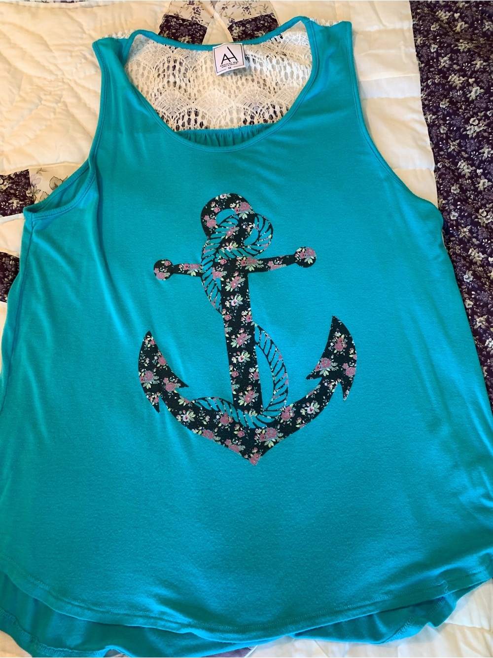 American High Teal Tank Top with Floral Anchor Graphic